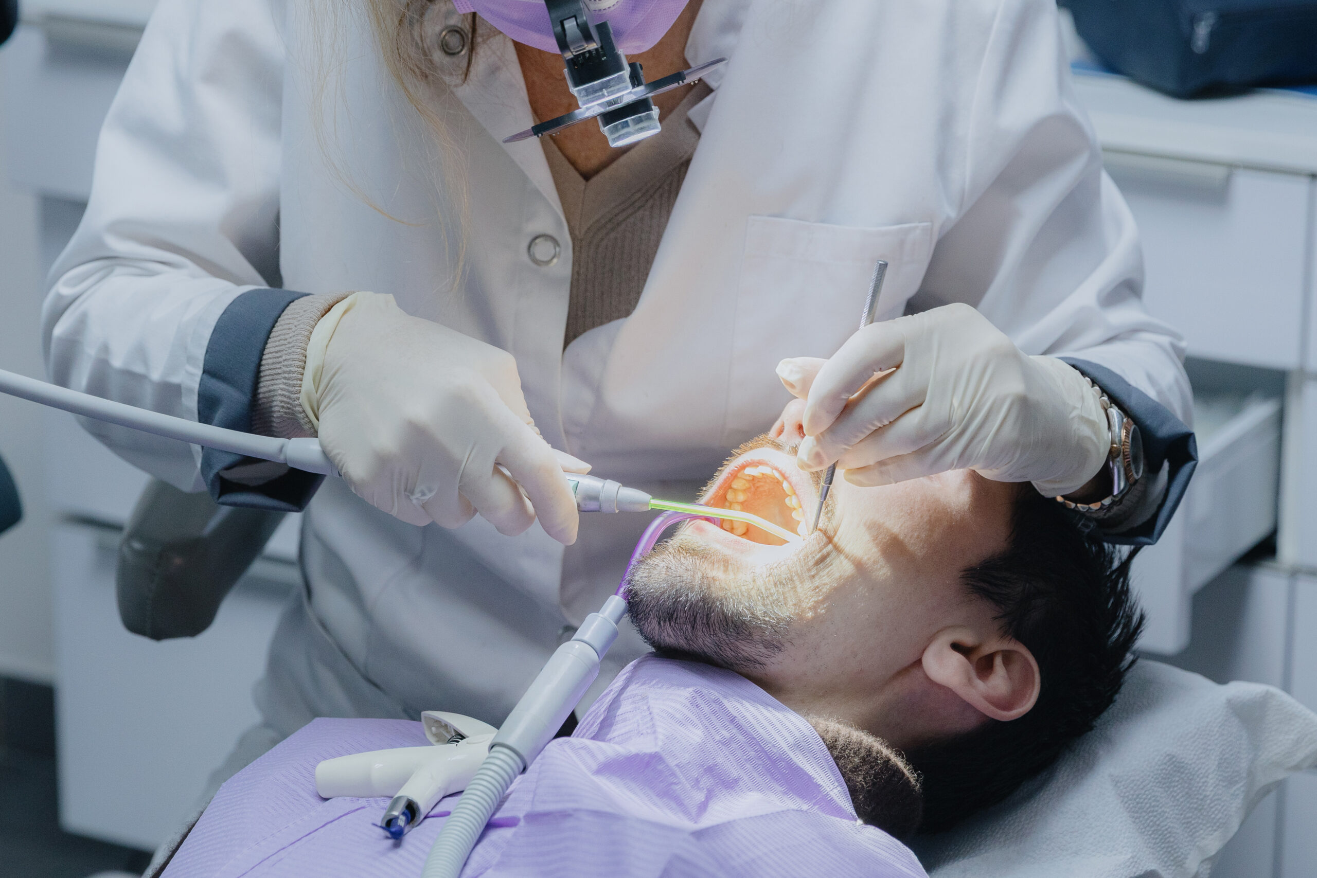 Patient receiving comfortable dental care in a clinical setting